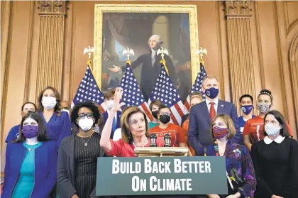  ?? YURI GRIPAS/TNS ?? U.S. House Speaker Nancy Pelosi speaks on the Biden Build Back Better Act on climate on Capitol Hill in Washington, D.C., on Sept. 28.