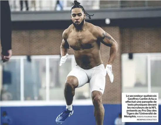  ?? PHOTO FOURNIE PAR MEMPHIS ATHLETICS ?? Le secondeur québécois Geoffrey Cantin-arku a effectué une panoplie de tests physiques devant les recruteurs de la NFL présents au Pro Day des Tigers de l’université de Memphis.