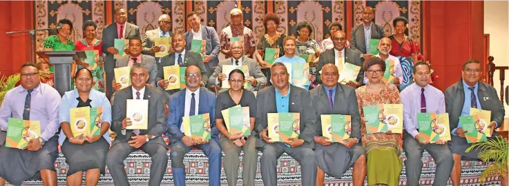  ?? DEPTFO News ?? Prime Minister Sitiveni Rabuka, Minister for Health and Medical Services Dr Atonio Lalabalavu, other Cabinet ministers with senior Government officials during the launch of the National Policy on Healthy Catering and Sale of Food and Beverages for all Government ministries and institutio­ns in Suva on February 14, 2024.