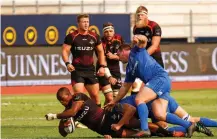  ?? Picture: GALLO IMAGES/MICHAEL SHEEHAN ?? PRESSED HARD: Southern Kings’ Michael Makase goes down after being tackled during the Pro14 match against Leinster at Nelson Mandela University Stadium. The Kings have been racking up tries at the Madibaz Stadium.