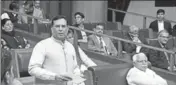  ?? KESHAV SINGH/HT ?? Finance minister Capt Abhimanyu speaking in the Vidhan Sabha on Thursday.