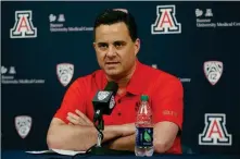  ?? ASSOCIATED PRESS ?? ARIZONA BASKETBALL COACH SEAN MILLER Thursday in Tucson. speaks at a press conference