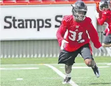  ?? GAVIN YOUNG ?? Defensive back Tunde Adeleke was late to sign, but was in Calgary in time for Stampeders rookie camp this week.