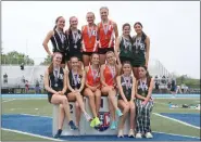  ?? EVAN WHEATON - MEDIANEWS GROUP ?? Perkiomen Valley’s girls 4x800 relay team (Abrielle Schweitzer, Lily Tremba, Emerson Whetstone and Summer Watts) don gold medals after setting a new meet record of 9:25.91during the PAC Championsh­ips at Norristown on May 13.