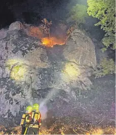  ?? FOTO: FEUERWEHR MUNDERKING­EN ?? In einem Waldgebiet in der Nähe von Reichenste­in hat es am Dienstagab­end gebrannt.