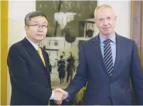  ?? (Hadas Parush/Flash90) ?? CHINESE DEPUTY MINISTER of Commerce Zhang Xingfu meets with Constructi­on Minister Yoav Galant at the King David Hotel in Jerusalem yesterday.