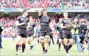  ?? PAUL FAITH/AFP ?? Saracens players celebrate victory at the final whistle of the Champions Cup semifinal against Munster at the Aviva Stadium in Dublin on Saturday.