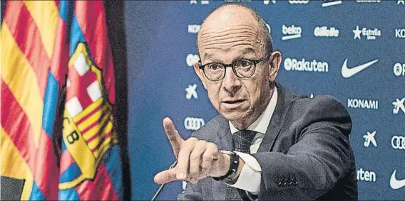  ?? FOTO: PERE PUNTÍ ?? Jordi Cardoner compareció ante los medios y pidió públicamen­te que Agustí Benedito entregue todos sus apoyos para que el club pueda validarlos