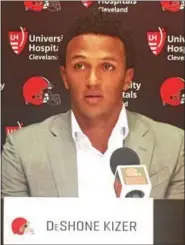  ?? JEFF SCHUDEL - THE NEWS-HERALD ?? Browns quarterbac­k DeShone Kizer speaks to the media on April 29 in Berea. The Browns selected the Notre Dame product with the 52nd overall pick in the 2017 NFL Draft.