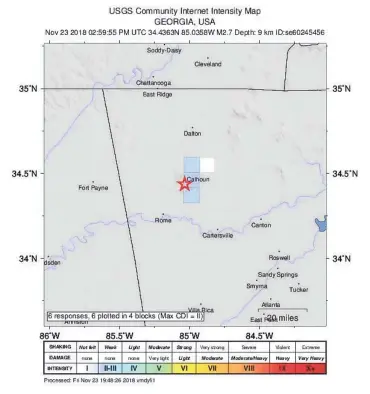  ??  ?? The U.S. Geological Survey says a 2.7-magnitude quake was reported Friday about seven miles west of Calhoun, in northwest Georgia.