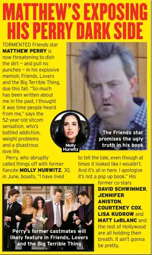  ?? ?? Molly Hurwitz
Perry’s former castmates will likely feature in Friends, Lovers
and the Big Terrible Thing
The Friends star promises the ugly truth in his book