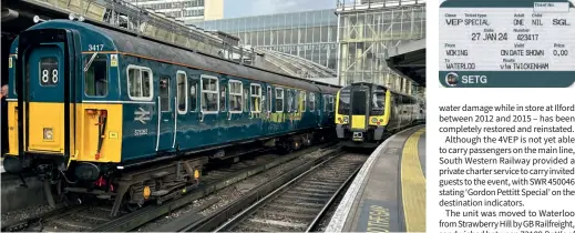  ?? ?? Shades of yesteryear: Preserved 4VEP 3417 Gordon Pettitt stands in Platform 19 at London Waterloo for the first time in almost 19 years on January 27, with South Western Railway’s 450046 alongside. The Class 450 unit was used on a private charter from Woking for invited guests travelling to the event.