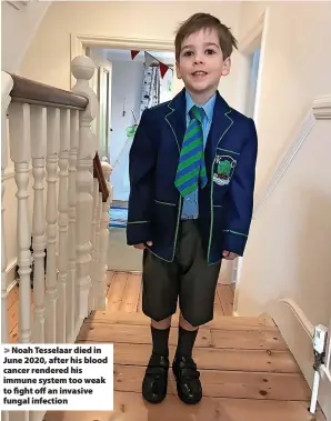  ?? ?? Noah Tesselaar died in June 2020, after his blood cancer rendered his immune system too weak to fight off an invasive fungal infection