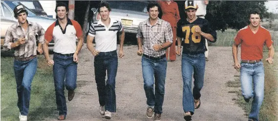  ??  ?? The famous Sutter brothers of Viking, Alta., run off their separate ways on a summer’s day in the early 1980s, headed eventually to their various NHL training camps. The brothers include, from left: Darryl, Duane, Ron, Brian, Rich and Brent. A seventh...