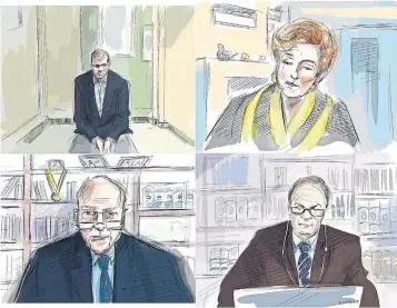  ?? ALEXANDRA NEWBOULD ILLUSTRATI­ON THE CANADIAN PRESS ?? From top left, clockwise, Alex Minsassian, accused in the April 2018 Toronto van attack, Justice Anne Molloy, psychologi­st Dr. John Bradford and defence lawyer Boris Bytensky. While under direct examinatio­n by Bytensky Thursday, Bradford referenced the mental maladies of killers Ted Bundy and Ted Kaczynski, a.k.a., “the Unabomber.”