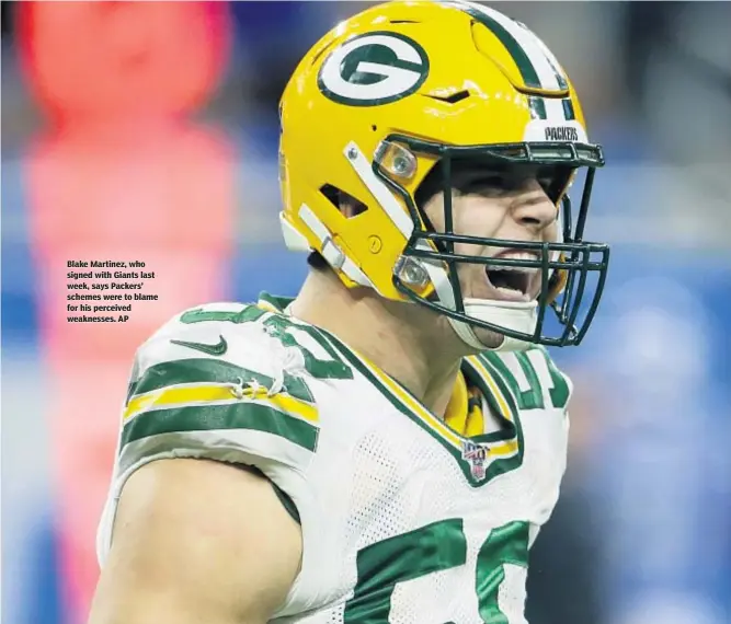  ??  ?? Blake Martinez, who signed with Giants last week, says Packers’ schemes were to blame for his perceived weaknesses. AP