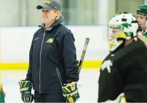  ?? BRANDON HARDER ?? Hodges, who describes herself as “Mother, wife, coach,” conducts a practice in the Cougars’ home rink at the Co-operators Centre.