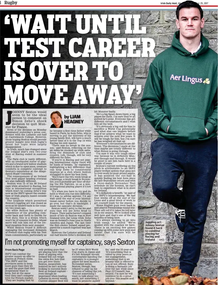  ?? INPHO ?? Juggling act: Johnny Sexton found it hard to combine playing for Racing and Ireland