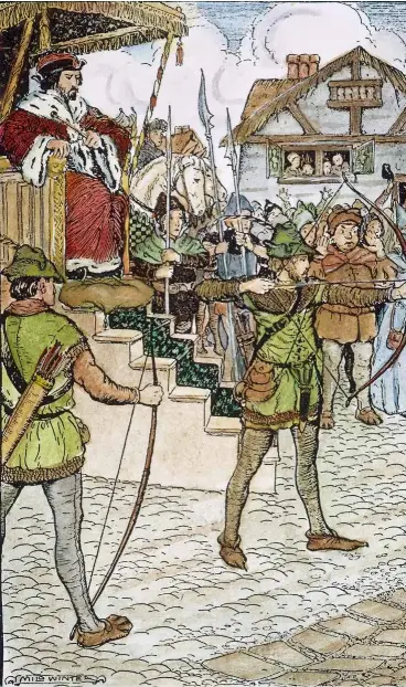  ??  ?? ROBIN HOOD, ante el rey Juan, en un torneo de tiro con arco. Ilustració­n del estadounid­ense Milo Winter, 1914.