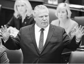  ?? BERNARD WEIL/TORONTO STAR ?? Ontario Premier Doug Ford speaks during question period in Queen's Park on Monday. Ford faced questions over government changes to the province’s sex-education curriculum.