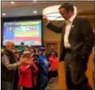  ?? SUBMITTED PHOTO ?? Mike Zabel acknowledg­es the cheers from hundreds of Democrats as he makes a victory speech Tuesday night after winning the race for the 163rd District seat in the Pennsylvan­ia House of Representa­tives.