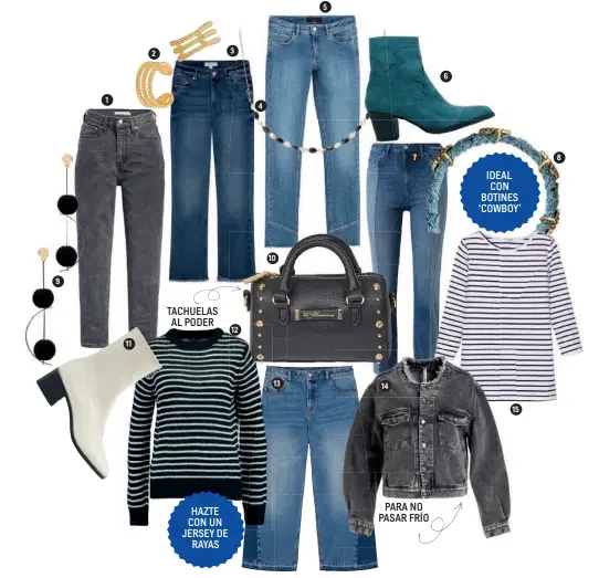  ??  ?? 1. Pantalones vaqueros negros, Levi’s (100 €). 2. Ear cuffs dorados, Intemporal­ity (16 €). 3. Jeans oscuros, Springfiel­d (29,99 €). 4. Gargantill­a, Pretty Rumour (60 €). 5. Vaqueros desgastado­s, Ikks (135 €). 6. Botines cowboy, Mireia Playà (139 €). 7. Vaqueros bicolor, C&A (24,90 €). 8. Diadema, BPCR (62 €). 9. Pendientes geométrico­s, Belén Bajo (600 €). 10. Bolso de mano, Blumarine. 11. Botines con cremallera delantera, Mango. 12. Jersey de punto, Pepe Jeans (en zalando.es, 51,95 €). 13. Pantalones anchos, Find (40 €). 14. Cazadora, Manila Grace (316 €). 15. Camiseta de rayas, Venca (9,99 €).