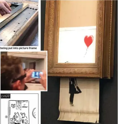  ??  ?? Shock: Picture is shredded. Top left, man said to be Banksy