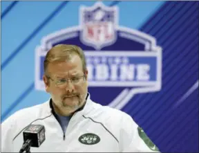  ?? DARRON CUMMINGS - THE ASSOCIATED PRESS ?? FILE - In this Feb. 28, 2018, file photo, New York Jets general manager Mike Maccagnan speaks during a press conference at the NFL football scouting combine in Indianapol­is. The Jets have acquired the No. 3 overall pick in the NFL draft from the...