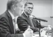  ?? Jon Shapley/staff photograph­er ?? HHS Secretary Xavier Becerra listens to Peter Pisters, president of MD Anderson Cancer Center.