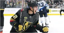  ?? GETTY IMAGES ?? Tomas Nosek celebrates after scoring to give the Golden Knights a 2-1 lead over the Jets midway through the second period.