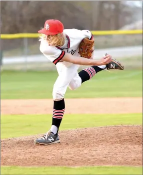  ?? Annette Beard/Pea Ridge TIMES ?? Senior Luke Vandermole­n, No. 3, pitched the first three innings of the home game against Alma. He had two hits, five runs (one earned), three walks and four strikeouts.