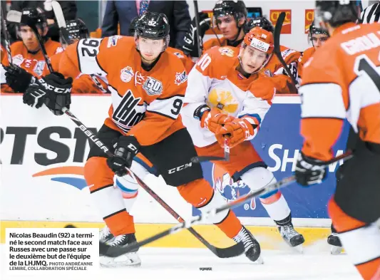  ?? PHOTO ANDRÉANNE LEMIRE, COLLABORAT­ION SPÉCIALE ?? Nicolas Beaudin (92) a terminé le second match face aux Russes avec une passe sur le deuxième but de l’équipe de la LHJMQ.