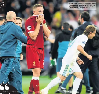  ??  ?? Jordan Henderson reacts after Liverpool’s defeat in the UEFA Champions League Final