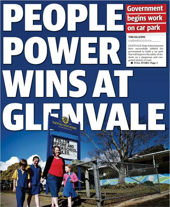  ?? Photo: Bev Lacey ?? REDUCING RISK: Glenvale State School parent Melissa Greensill, with her children (from left) Austin, Maeve and Rose, is thrilled the State Government has started planning a new car park to counter long-term safety problems with traffic outside the...