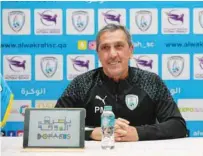  ?? ?? Al Wakrah coach Jose Murcia speaks to the media ahead of his team’s Week 13 postponed Expo Stars League match against Al Shamal.