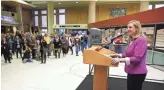  ?? MICHAEL CHOW/THE REPUBLIC ?? Phoenix Mayor Kate Gallego speaks Tuesday during a ceremony at Terminal 2 at Sky Harbor Airport, which closed Tuesday.