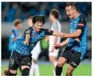  ??  ?? Strikeforc­e…Kawasaki’s Kaoru Mitoma (L) and Leandro Damiao (R)