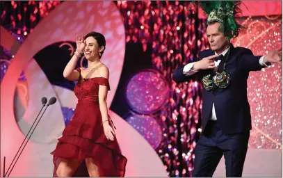  ??  ?? Sydney Rose Brianna Parkins teaches Daithi O Se to samba dance onstage in the Festival Dome during TV Rose Selection on Monday night. Photo By Domnick Walsh