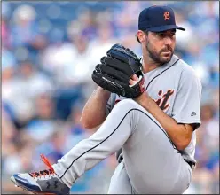  ?? JOHN SLEEZER/TRIBUNE NEWS SERVICE ?? Justin Verlander, seen here pitching for the Detroit Tigers in Kansas City on July 19, was traded to the Houston Astros on Thursday.