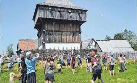  ?? FOTO: KLAUS WEISS ?? Jede Menge Papierflie­ger schwebten aus der Höhe der Burg zur Wiese. Einer schaffte gar 50 Meter.