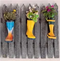  ??  ?? Pe gardurile bine fixate puteți monta vase cu flori, cum sunt aceste cizmulițe nostime din cauciuc care acum adăpostesc begonii și crăițe