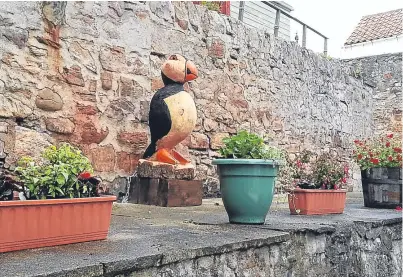  ??  ?? The wooden puffin is a popular landmark beside the floral display in James Street, Cellardyke.