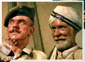  ?? ?? NOT WOKE: Windsor Davies and Michael Bates in It Ain’t Half Hot Mum. Above right: Bhaskar with wife Meera Syal. Left: The Thunderbir­ds puppet