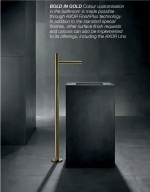  ??  ?? BOLD IN GOLD Colour customisat­ion in the bathroom is made possible through AXOR Finishplus technology. In addition to the standard special finishes, other surface finish requests and colours can also be implemente­d to its offerings, including the AXOR...