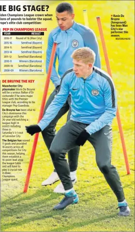  ?? REUTERS PHOTO ?? YEAR Manchester City playmaker De Bruyne has The Belgian has RESULT
Kevin De Bruyne (foreground) has been Man City’s star performer this season.