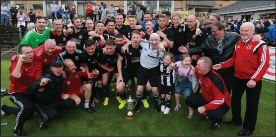  ?? ?? Celebratio­n time...the Pollok players bask in the glory of winning their first West of Scotland Cup in 17 years. Left, Derek Hepburn’s last-minute lob took the final into a penalty shoot-out and the little striker stepped up to the plate with the vital spot kick Pictures: Stewart Attwood