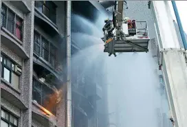  ?? ZHAO SHUANGJIE / CHINA TIMES ?? Firefighte­rs use cranes to fight a blaze and rescue some patients after a fire started on a seventh-floor ward of Taipei Hospital around 4:30 am on Monday.