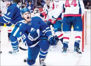  ?? The Canadian Press ?? Toronto Maple Leafs forward William Nylander celebrates his goal against the Washington Capitals during NHL playoff action in Toronto on Monday.