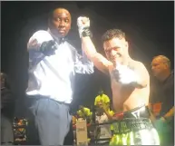  ?? Richard Gregory / Hearst Connecticu­t Media ?? Boxer Omar Bordoy is declared the winner by knockout in the sixth round of his fight against Alexander Picot at the Xfinity Theatre in Hartford on Saturday.