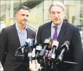  ?? Tyler Sizemore / Hearst Connecticu­t Media ?? Fotis Dulos, left, listens as his attorney Norm Pattis address the media after appearing at the Connecticu­t Superior Court in Stamford, Conn., Monday, Sept. 23, 2019.